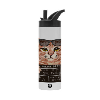 Cool cat, Μεταλλικό παγούρι θερμός με καλαμάκι & χειρολαβή, ανοξείδωτο ατσάλι (Stainless steel 304), διπλού τοιχώματος, 600ml