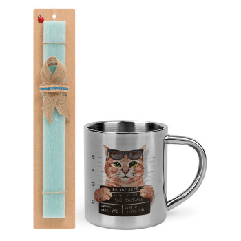 Cool cat, Easter Set, metallic thermal cup (300ml) & aromatic flat Easter candle (30cm) (TURQUOISE)