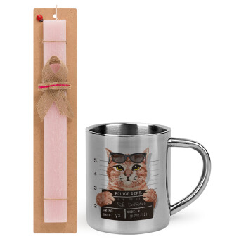 Cool cat, Easter Set, metallic thermal cup (300ml) & aromatic flat Easter candle (30cm) (PINK)