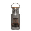 Stainless steel metallic thermos flask, silver with a bamboo lid, double-walled, 350ml.