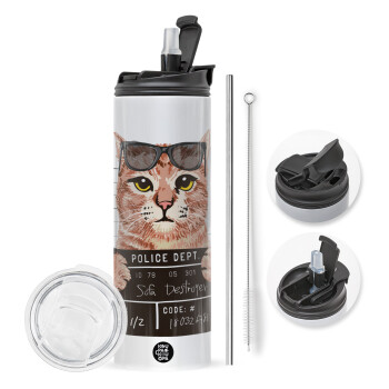 Cool cat, Travel Tumbler θερμό με διπλό καπάκι, μεταλλικό καλαμάκι και βούρτσα καθαρισμού (Ανωξείδωτο 304 Food grade, BPA free, 600ml)