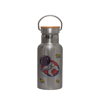 Μικρός αστροναύτης θάλασσα, Stainless steel metallic thermos flask, silver with a bamboo lid, double-walled, 350ml.