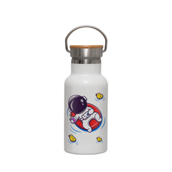 Μικρός αστροναύτης θάλασσα, Metallic thermos (Stainless steel) White with wooden lid (bamboo), double-walled, 350ml