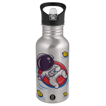 Μικρός αστροναύτης θάλασσα, Water bottle Silver with straw, stainless steel 500ml