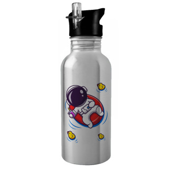 Μικρός αστροναύτης θάλασσα, Water bottle Silver with straw, stainless steel 600ml