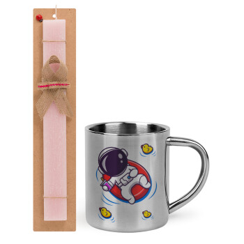 Μικρός αστροναύτης θάλασσα, Easter Set, metallic thermal cup (300ml) & aromatic flat Easter candle (30cm) (PINK)