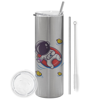 Μικρός αστροναύτης θάλασσα, Tumbler stainless steel Silver 600ml, with metal straw & cleaning brush