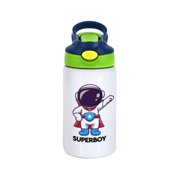Little astronaut, Children's hot water bottle, stainless steel, with safety straw, green, blue (350ml)