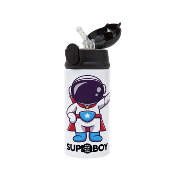 Little astronaut, Children's hot water bottle, stainless steel, with safety straw, Black (360ml) BPA-FREE