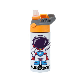 Little astronaut, Children's hot water bottle, stainless steel, with safety straw, Orange/Grey (360ml) BPA-FREE