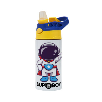 Little astronaut, Children's hot water bottle, stainless steel, with safety straw, green, blue (360ml) BPA FREE