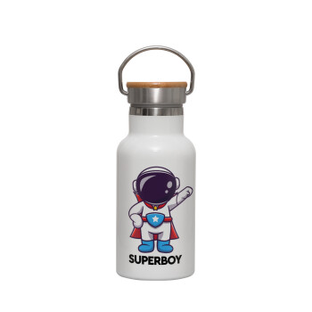 Little astronaut, Μεταλλικό παγούρι θερμός (Stainless steel) Λευκό με ξύλινο καπακι (bamboo), διπλού τοιχώματος, 350ml