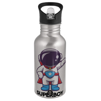 Little astronaut, Water bottle Silver with straw, stainless steel 500ml