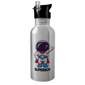 Little astronaut, Water bottle Silver with straw, stainless steel 600ml