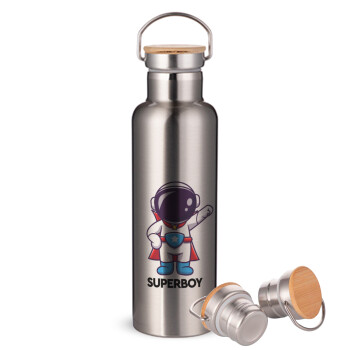 Little astronaut, Stainless steel Silver with wooden lid (bamboo), double wall, 750ml