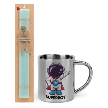 Little astronaut, Easter Set, metallic thermal cup (300ml) & aromatic flat Easter candle (30cm) (TURQUOISE)