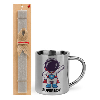 Little astronaut, Easter Set, metallic thermal cup (300ml) & Easter aromatic flat candle (30cm) (GRAY)