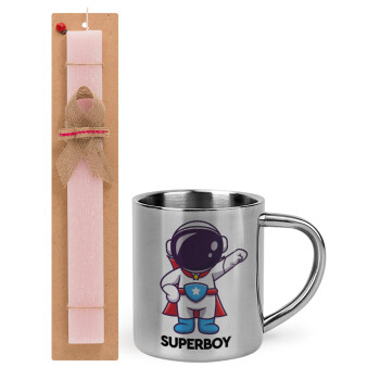 Little astronaut, Easter Set, metallic thermal cup (300ml) & aromatic flat Easter candle (30cm) (PINK)