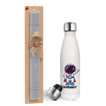 Little astronaut, Easter candle, metallic white thermos bottle (500ml) & aromatic flat candle (30cm) (GRAY)