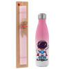 Easter Set, Metallic pink/white (Stainless steel) thermos, double-walled, 500ml & aromatic flat Easter candle (30cm) (PINK)