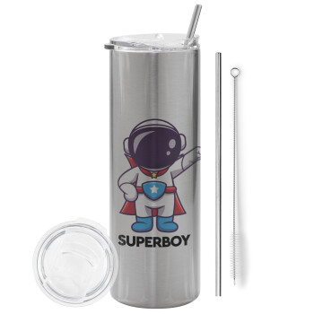 Little astronaut, Eco friendly ποτήρι θερμό Ασημένιο (tumbler) από ανοξείδωτο ατσάλι 600ml, με μεταλλικό καλαμάκι & βούρτσα καθαρισμού