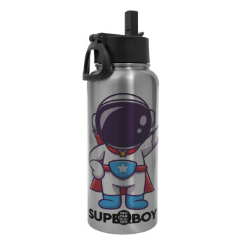 Little astronaut, Metal mug thermo Silver with Straw and Spout Lid (Stainless steel), double wall, 950ml