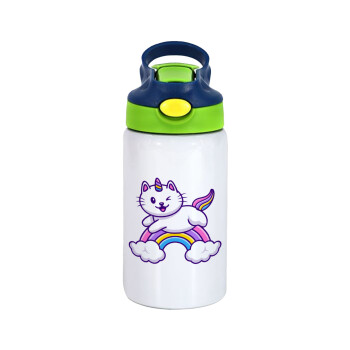 Cute cat unicorn, Children's hot water bottle, stainless steel, with safety straw, green, blue (350ml)