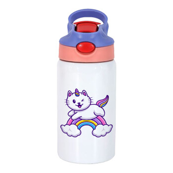 Cute cat unicorn, Children's hot water bottle, stainless steel, with safety straw, pink/purple (350ml)