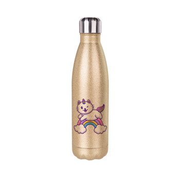 Cute cat unicorn, Glitter gold stainless steel thermos bottle, double-walled, 500ml