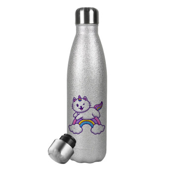 Cute cat unicorn, Μεταλλικό παγούρι θερμός Glitter Aσημένιο (Stainless steel), διπλού τοιχώματος, 500ml