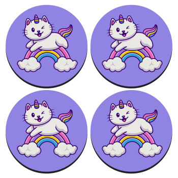 Cute cat unicorn, ΣΕΤ 4 Σουβέρ ξύλινα στρογγυλά (9cm)