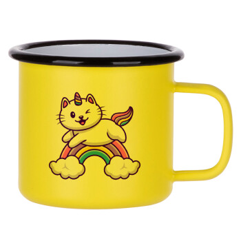 Cute cat unicorn, Metallic enamel MATT Yellow cup 360ml