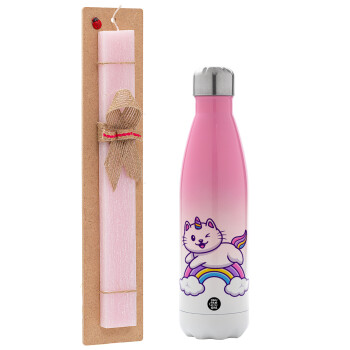 Cute cat unicorn, Easter Set, Metallic pink/white (Stainless steel) thermos, double-walled, 500ml & aromatic flat Easter candle (30cm) (PINK)