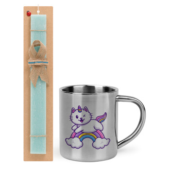 Cute cat unicorn, Easter Set, metallic thermal cup (300ml) & aromatic flat Easter candle (30cm) (TURQUOISE)