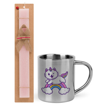 Cute cat unicorn, Easter Set, metallic thermal cup (300ml) & aromatic flat Easter candle (30cm) (PINK)