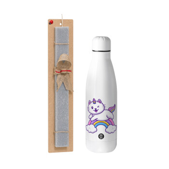 Cute cat unicorn, Easter Set, metallic stainless thermos bottle (500ml) & scented flat Easter candle (30cm) (GRAY)