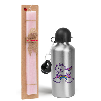 Cute cat unicorn, Easter Set, metallic Silver aluminum water bottle (500ml) & scented flat Easter candle (30cm) (PINK)