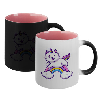 Cute cat unicorn, Κούπα Μαγική εσωτερικό ΡΟΖ, κεραμική 330ml που αλλάζει χρώμα με το ζεστό ρόφημα