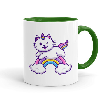 Cute cat unicorn, Κούπα χρωματιστή πράσινη, κεραμική, 330ml