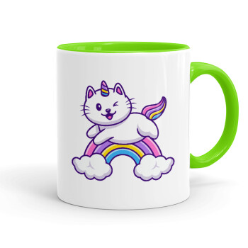 Cute cat unicorn, Mug colored light green, ceramic, 330ml