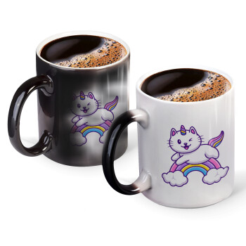 Cute cat unicorn, Color changing magic Mug, ceramic, 330ml when adding hot liquid inside, the black colour desappears (1 pcs)