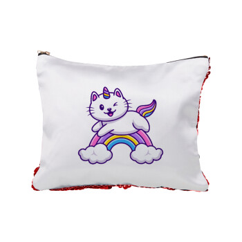 Cute cat unicorn, Red sequin cosmetic bag