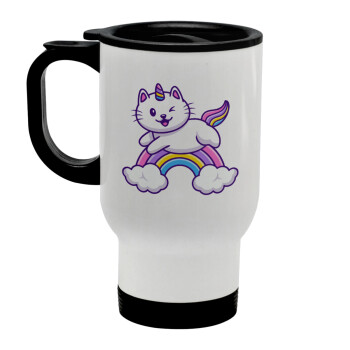 Cute cat unicorn, Stainless steel travel mug with lid, double wall white 450ml