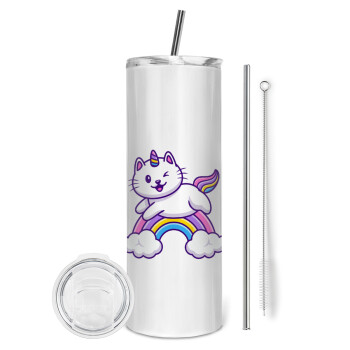 Cute cat unicorn, Tumbler ποτήρι θερμό από ανοξείδωτο ατσάλι 600ml, με μεταλλικό καλαμάκι & βούρτσα καθαρισμού