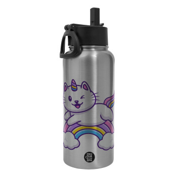 Cute cat unicorn, Metal mug thermo Silver with Straw and Spout Lid (Stainless steel), double wall, 950ml