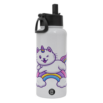 Cute cat unicorn, Metal mug thermo White with Straw and Spout Lid (Stainless steel), double wall, 950ml