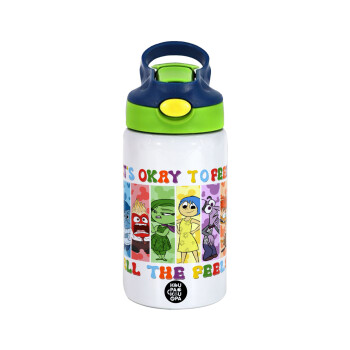 Inside Out It's Okay To Feel All The Feels , Children's hot water bottle, stainless steel, with safety straw, green, blue (350ml)