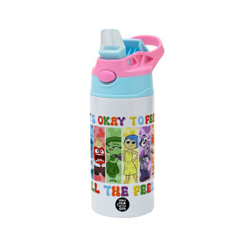 Inside Out It's Okay To Feel All The Feels , Children's hot water bottle, stainless steel, with safety straw, Pink/BlueCiel (360ml) BPA FREE