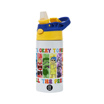 Inside Out It's Okay To Feel All The Feels , Children's hot water bottle, stainless steel, with safety straw, green, blue (360ml) BPA FREE