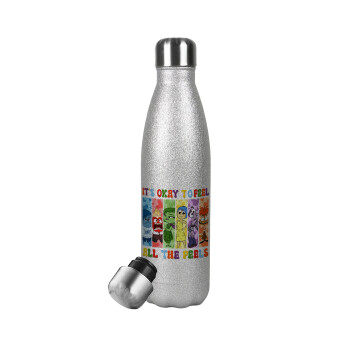 Inside Out It's Okay To Feel All The Feels , Metallic Glitter Silver Thermos Flask (Stainless steel), double-walled, 500ml